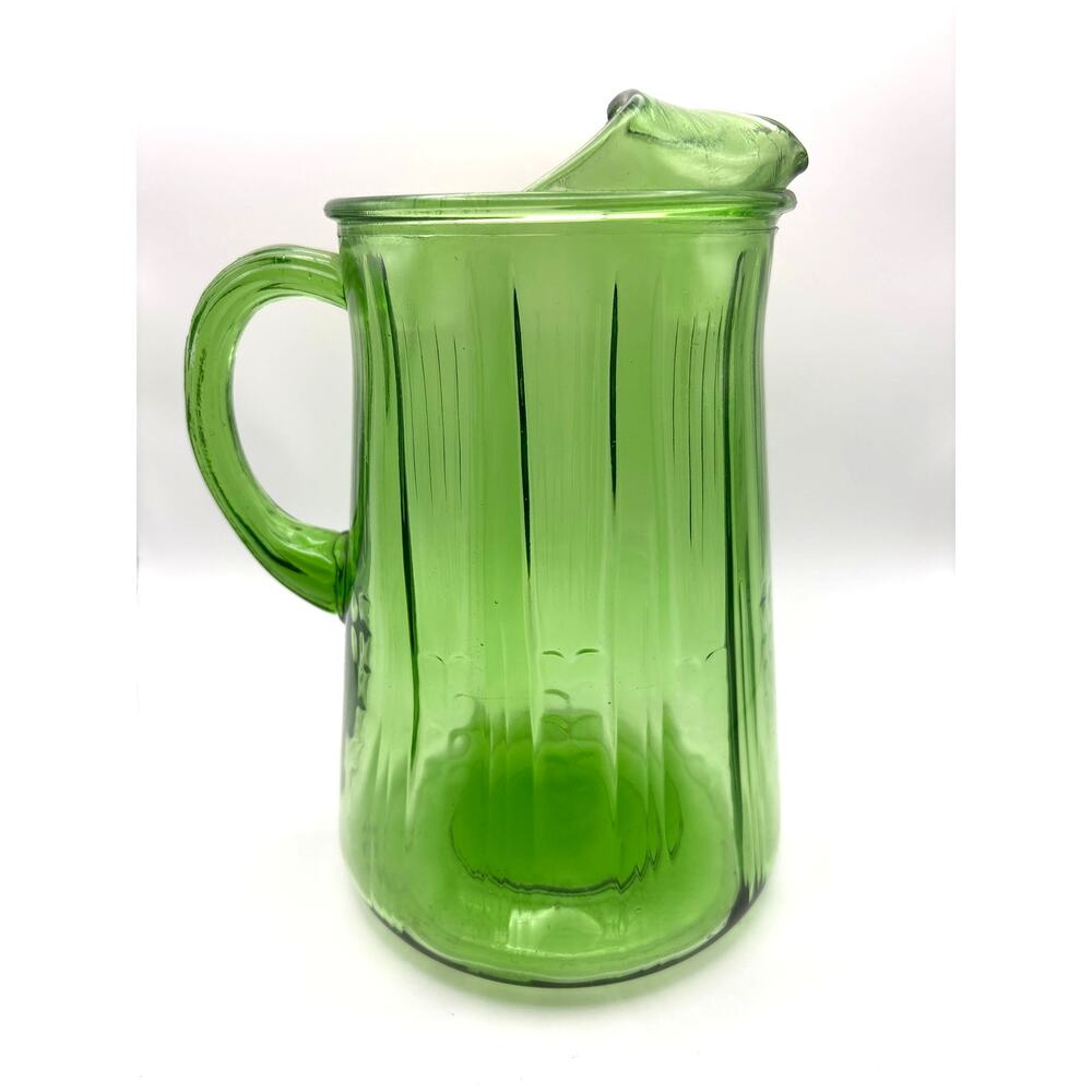 Vintage MCM Avocado Green Glass With Handle Water Juice Pitcher w/ Ice Lip